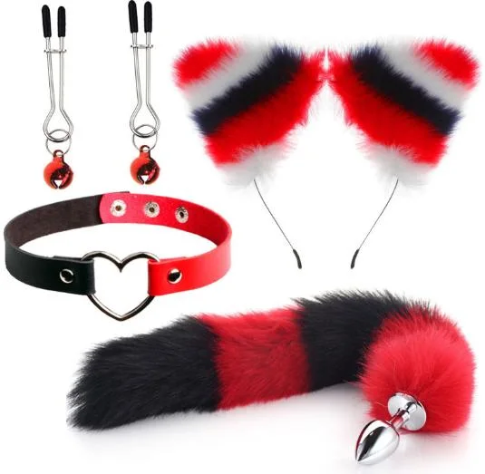 Black White and Red Fox Cosplay 3 PCS Set Hair Clip Furry Anal Tail Plug Fox Tailand Collar Choker Masquerade Halloween Costume Cosplay