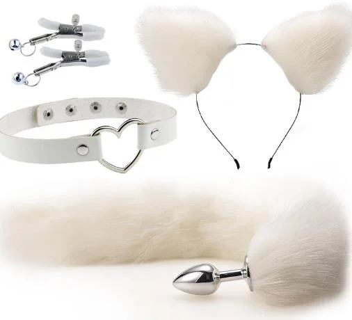 White Fox Cosplay 3 PCS Set Hair Clip Furry Anal Tail Plug Fox Tailand Collar Choker Masquerade Halloween Costume Cosplay