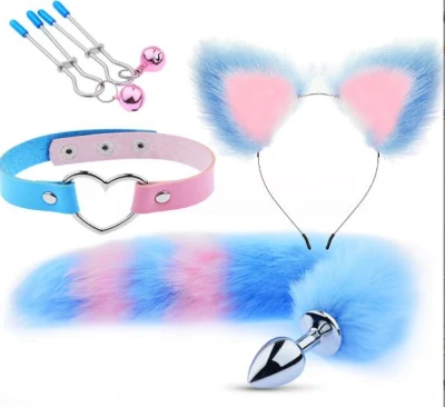 Pink and Blue Fox Cosplay 3 PCS Set Hair Clip Furry Anal Tail Plug Fox Tailand Collar Choker Masquerade Halloween Costume Cosplay