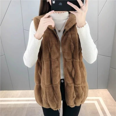 Outer Wear Hooded Plush Vest Female 2023 New Autumn and Winter Loose Vest Imitation Mink Velvet Knitted Coat Clip