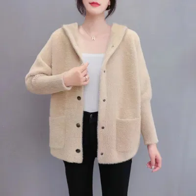 Imitation Mink Velvet Hooded Cardigan 2023 Autumn and Winter New Solid Color Sweater Short Loose Thickened Mink Velvet Coat Female