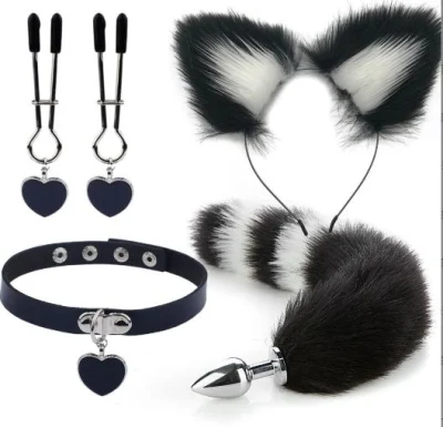 White and Black Fox Cosplay 3 PCS Set Hair Clip Furry Anal Tail Plug Fox Tailand Collar Choker Masquerade Halloween Costume Cosplay